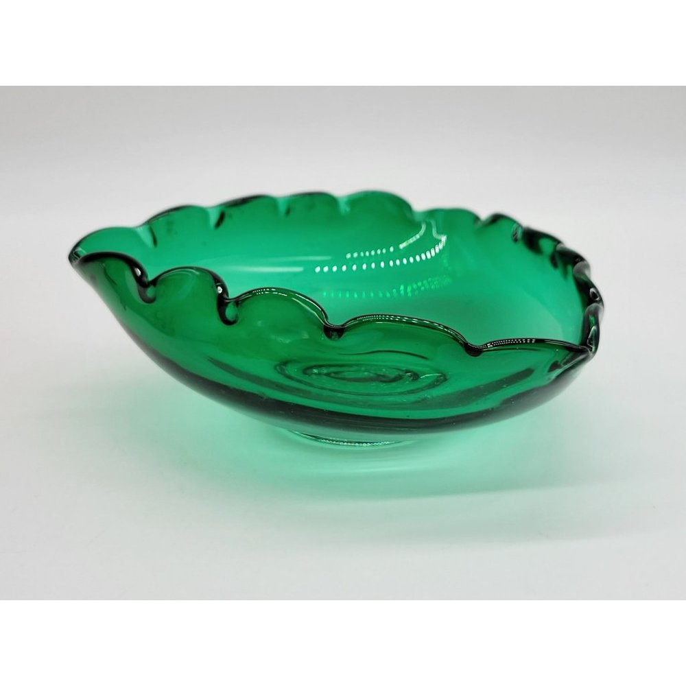 MCM Green Blown Glass Dish Tri-Corner Scalloped Rim Candy Dish